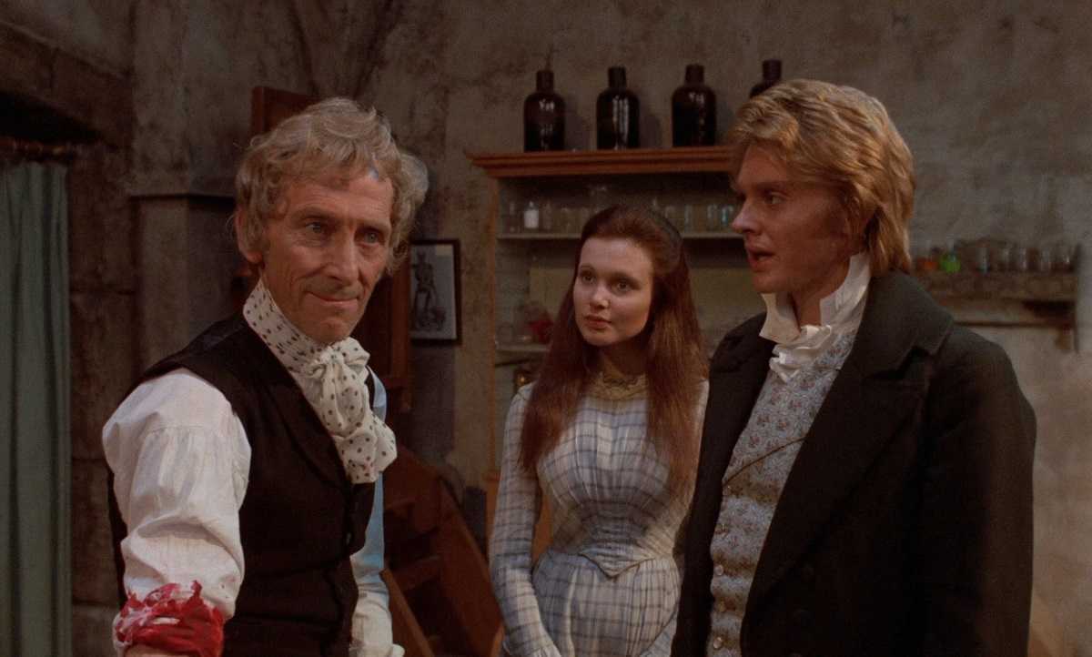 (l to r) Baron Frankenstein (Peter Cushing), Madeline Smith and Shane Briant in Frankenstein and the Monster from Hell (1973)