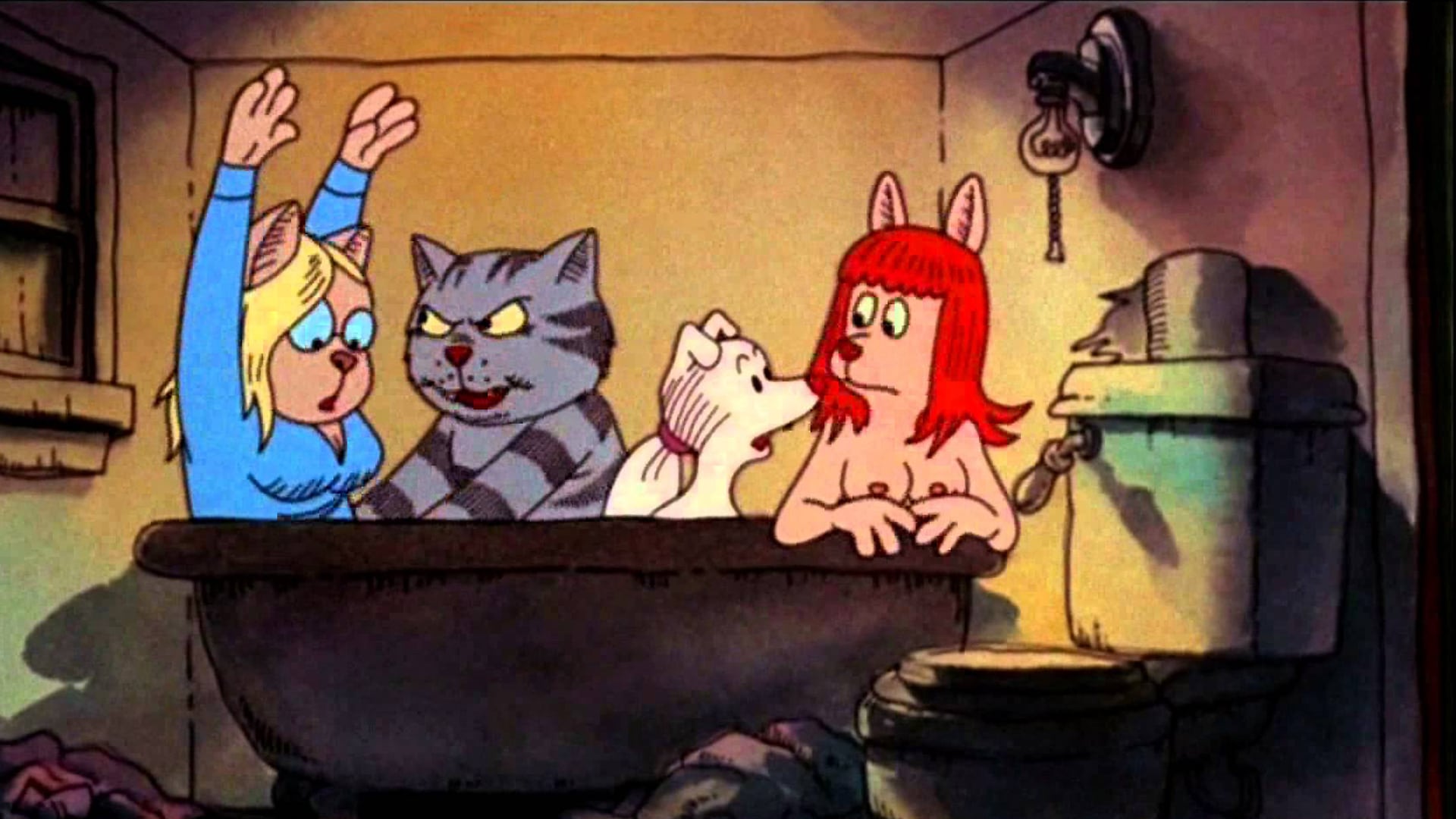 Fritz engages in a bathtub foursome with three college girls in Fritz the Cat (1972)