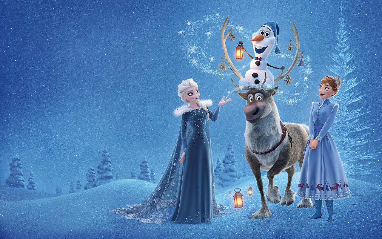 Sisters Elsa (voiced by Idina Menzel) (l) and Anna (voiced by Kristen Bell), along with the reindeer Sven and Olaf the snowman (voiced by Josh Gad) in Frozen (2013)