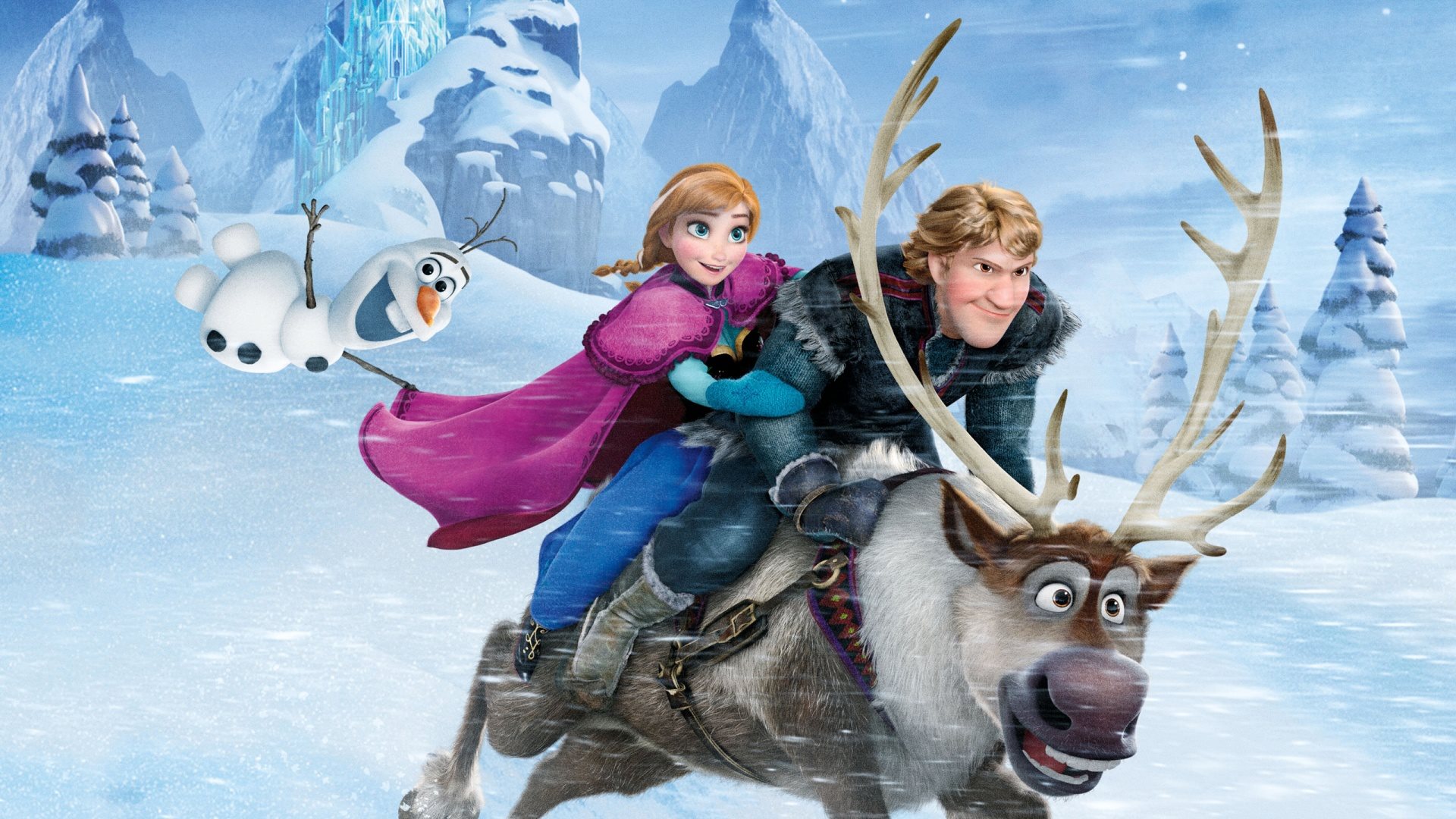 (l to r) Olaf (voiced by Josh Gad), Anna (voiced by Kristen Bell) and Kristoff (voiced by Jonathan Groff) race on the reindeer Sven in Frozen (2013)