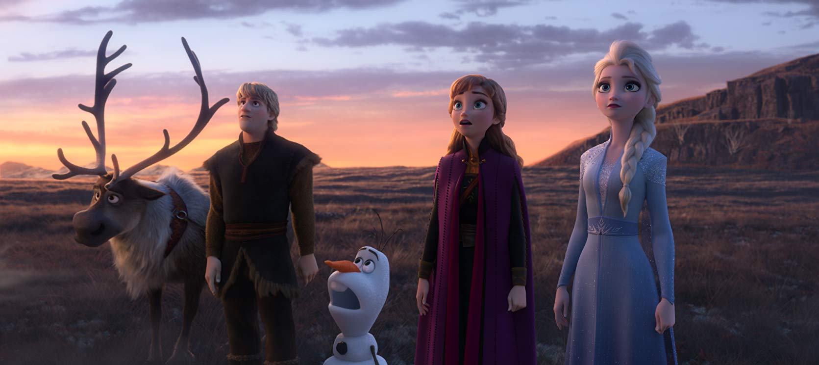 Sven the reindeer, Kristoff (voiced by Jonathan Groff), Olaf (voiced by Josh Gad), Anna (voiced by Kristen Bell) and Elsa (voiced by Idina Menzel) in Frozen II (2019)