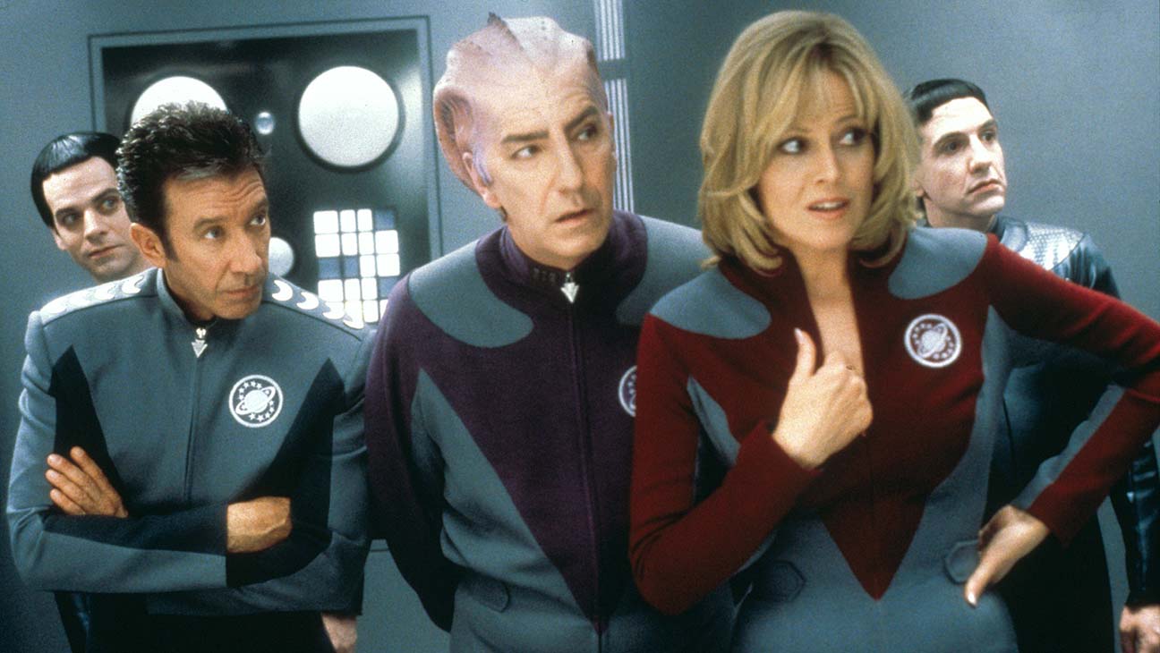 Jason Nesmith (Tim Allen), Alxander Dane (Alan Rickman) and Gwen DeMarco (Sigourney Weaver) in GalaxyQuest (1999)