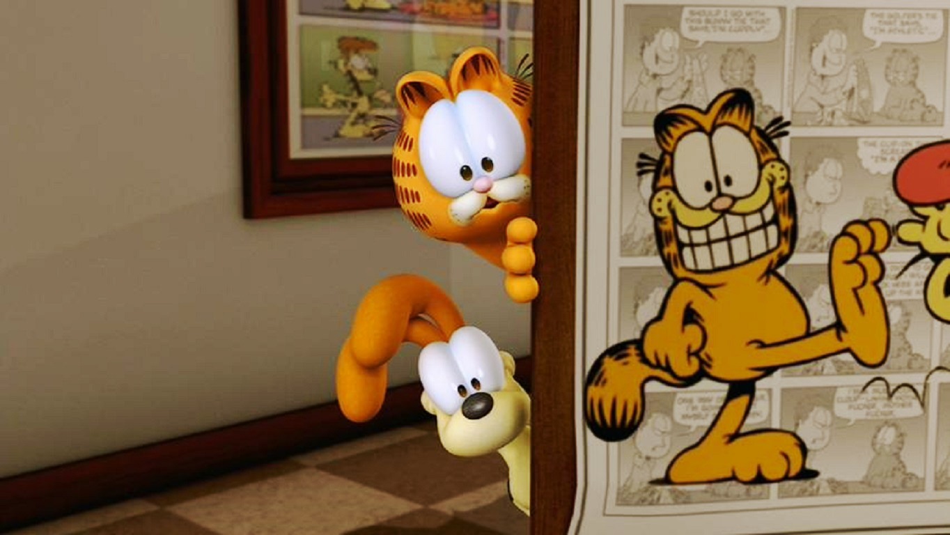 Garfield and Odie emerge out of the comic-strip and into the real world in Garfield Gets Real (2007)
