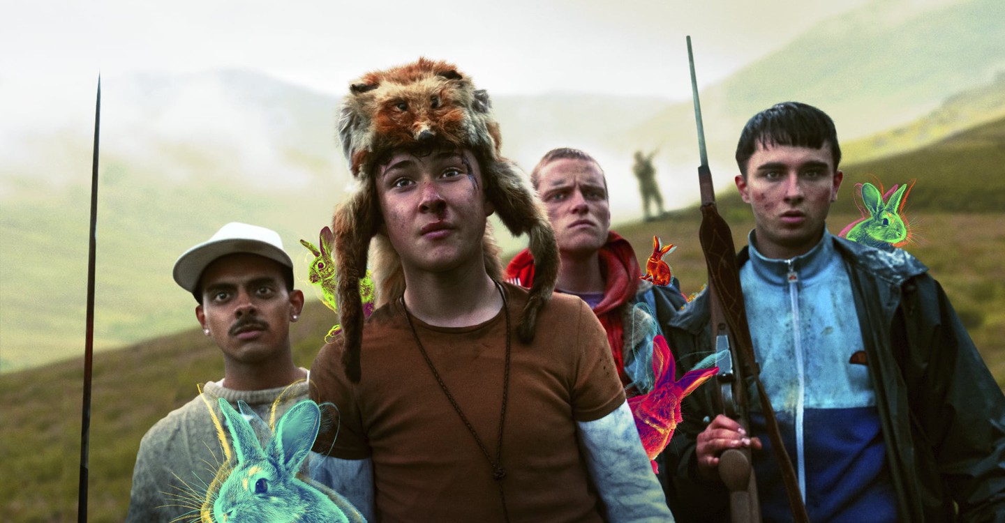 Four misfit youths on a survival course in the Scottish Highlands – DJ Beatroot (Viraj Duneja), Ian (Samuel Bottomley), Duncan (Lewis Gribben) and Dean (Rian Gibbon) in Get Duked! (2019)