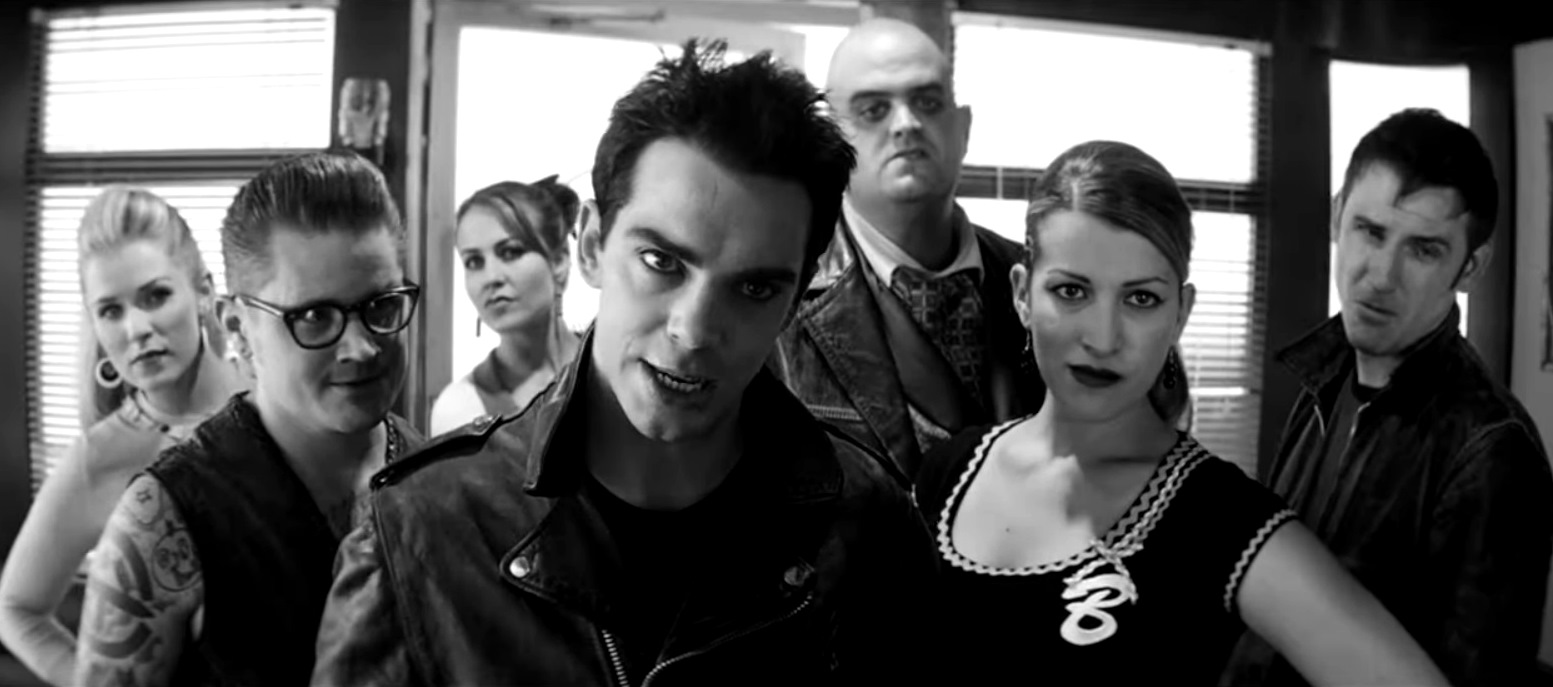 Johnny Xavier (Will Keenan) and his gang The Ghastly Ones arrive at the diner in The Ghastly Love of Johnny X (2012)