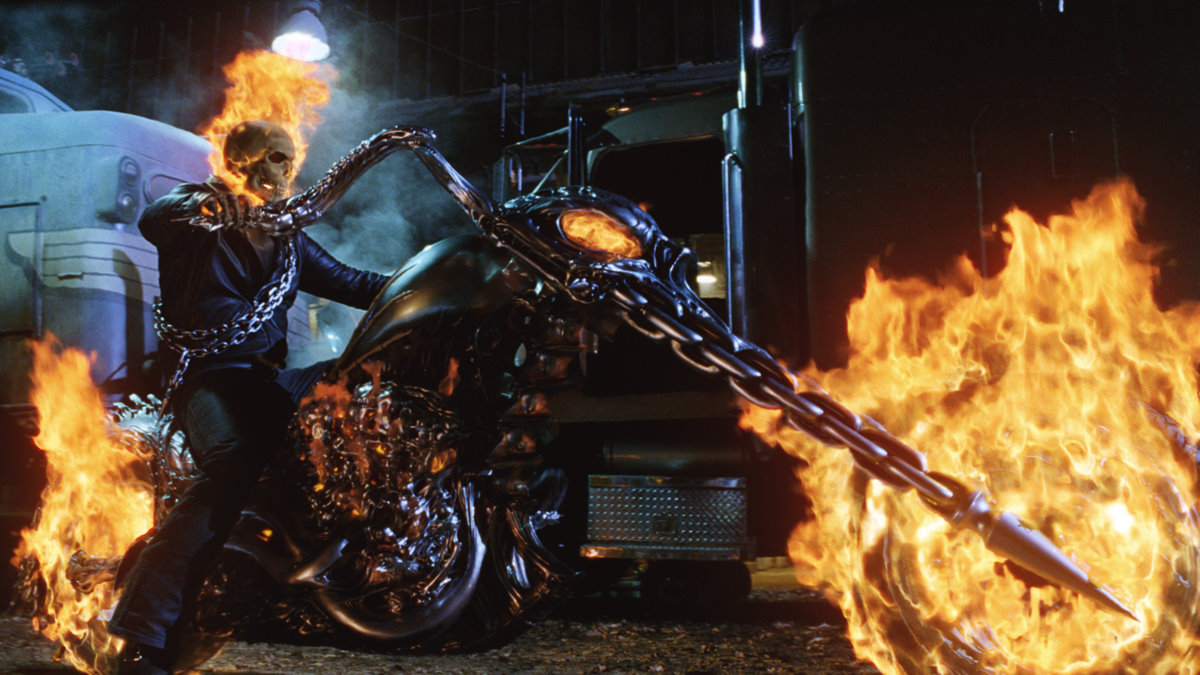 Ghost Rider on flaming motorcycle in Ghost Rider (2007)