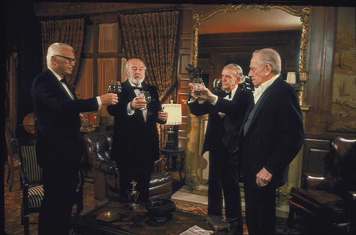 The Chowder Society gather - (l to r) Douglas Fairbanks Jr, John Houseman, Fred Astaire and Melvyn Douglas in Ghost Story (1981)