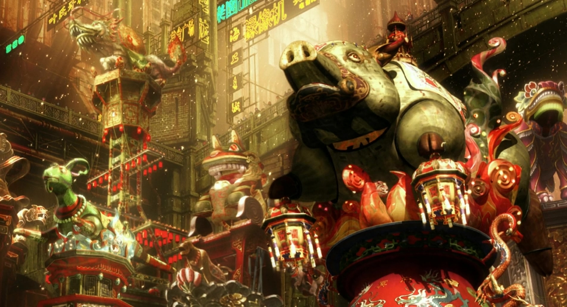 Street parade scene where Mamoru Oshii pushes the quality of animation to a stunning level in Ghost in the Shell 2: Innocence (2004)