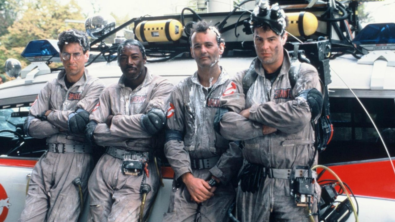 The Ghostbusters in action - (l to r) Egon Spengler (Harold Ramis), Winston Zeddmore (Ernie Hudson), Peter Venkman (Bill Murray) and Ray Stantz (Dan Aykroyd) in Ghostbusters (1984)