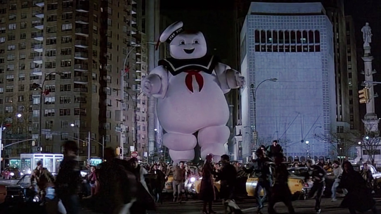 The Stay Puft Man amok in the streets of New York in Ghostbusters (1984)