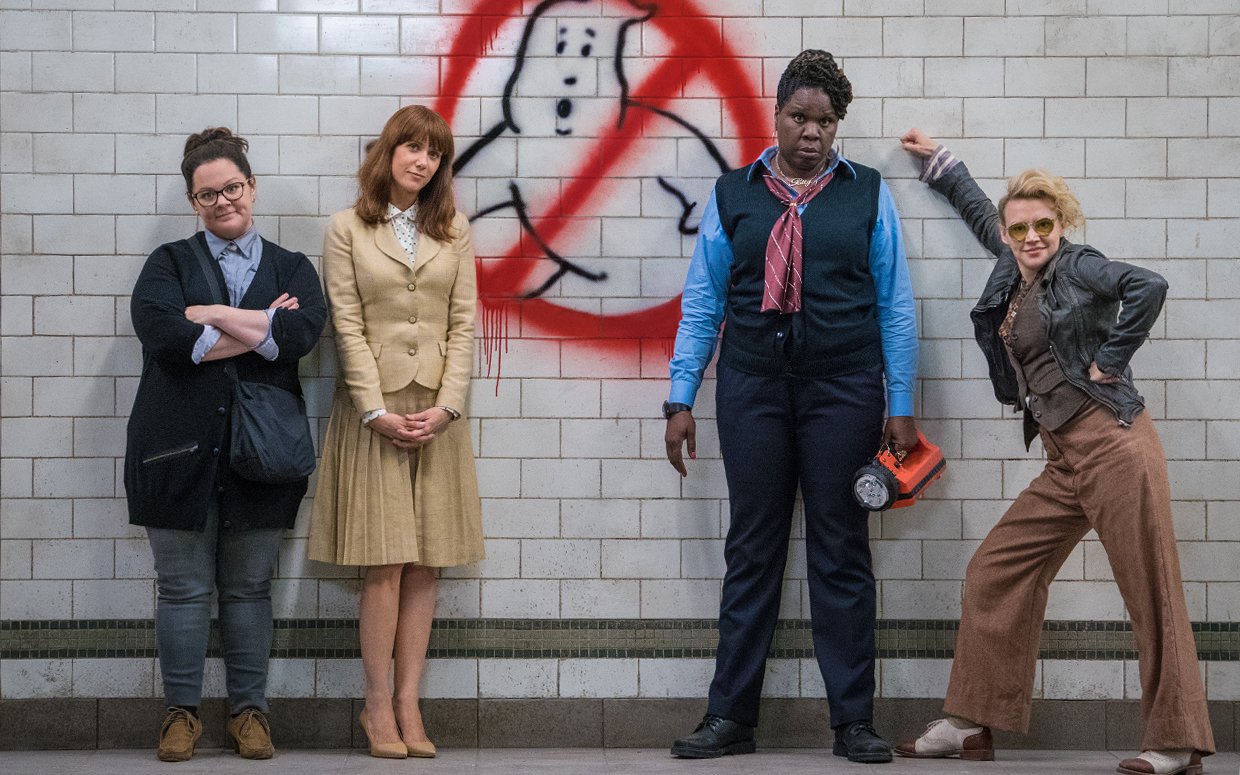 Ghostbusters with an all-girl line-up - (l to r) Melissa McCarthy, Kirsten Wiig, Leslie Jones, Kate McKinnon in Ghostbusters (2016)