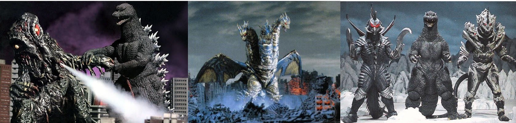 Monster line-up triptych - (1) Godzilla vs Hedorah the Smog Monster; (2) King Ghidorah; (3) Gigan, Godzilla, Monster X from Godzilla Final Wars (2004)
