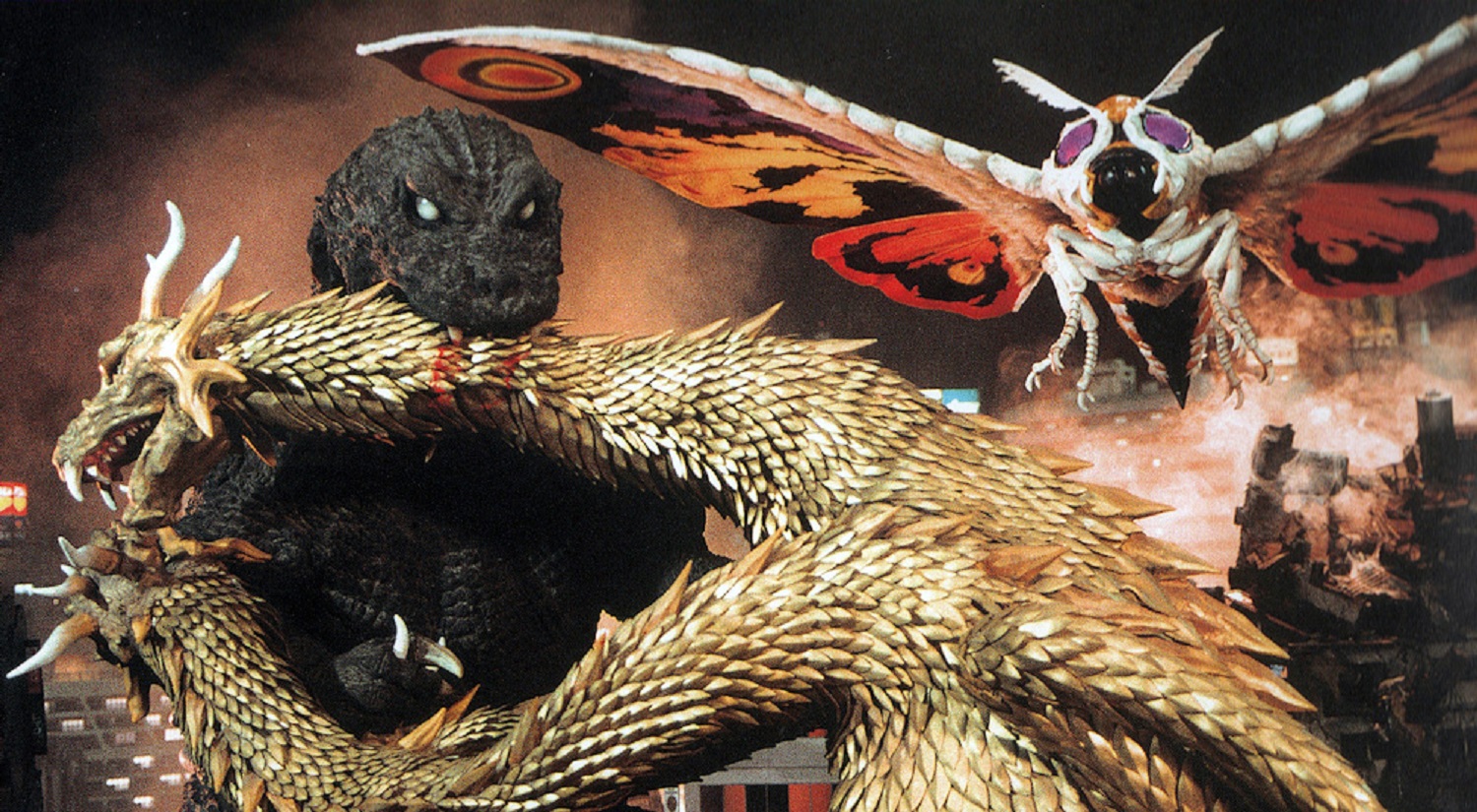 Monster line-up - Godzilla, King Ghidorah and Mothra in Godzilla Mothra and King Ghidorah: Giant Monsters All-Out Attack (2001)