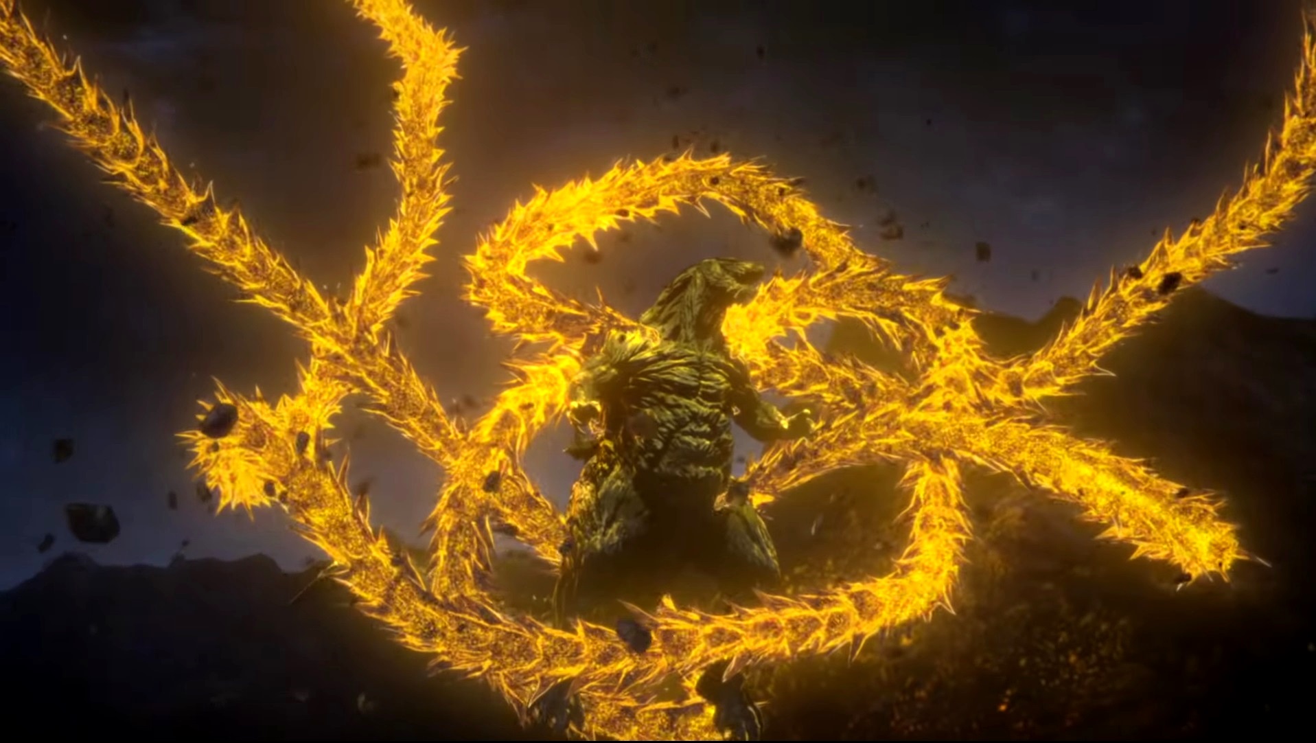 Godzilla ensnared by the energy ribbons of Ghidorah in Godzilla: The Planet Eater (2018)