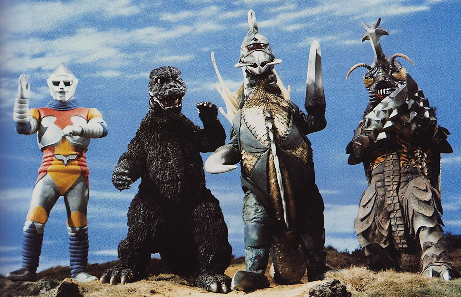 Monster line-up - Jet Jaguar, Godzilla, Gigan and Megalon in Godzilla vs Megalon (1973)