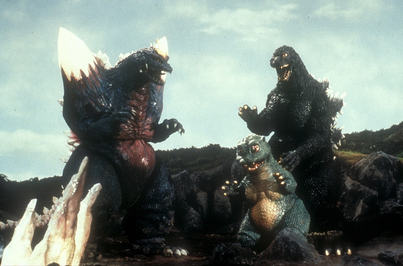 Monster line-up - Space Godzilla, Baby Godzilla and Godzilla - Godzilla vs Space Godzilla (1994)