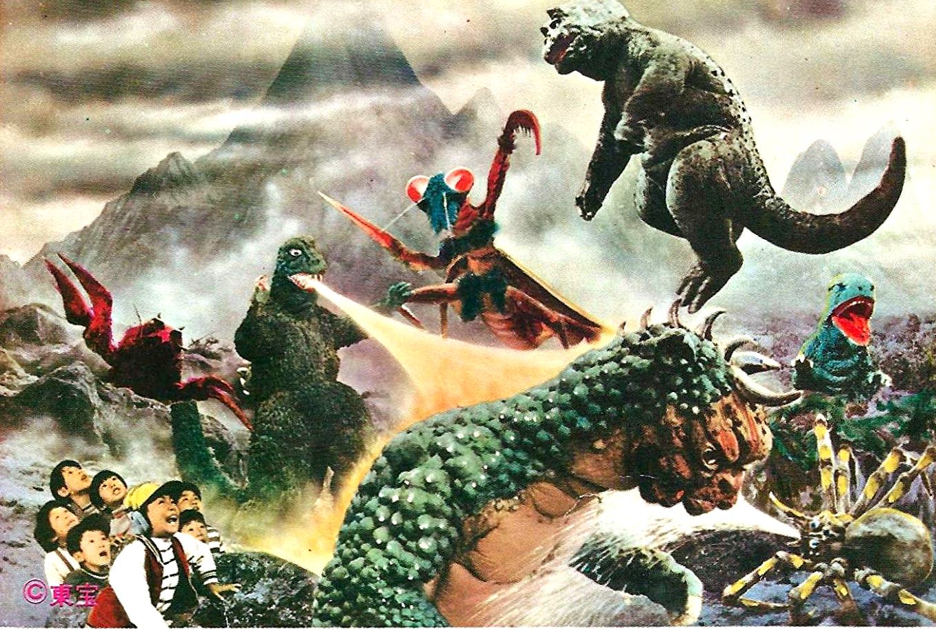 Ebirah, Godzilla, Kamacurus, Minya, Ganara, Manda and Kumonga in Godzilla's Revenge (1969)