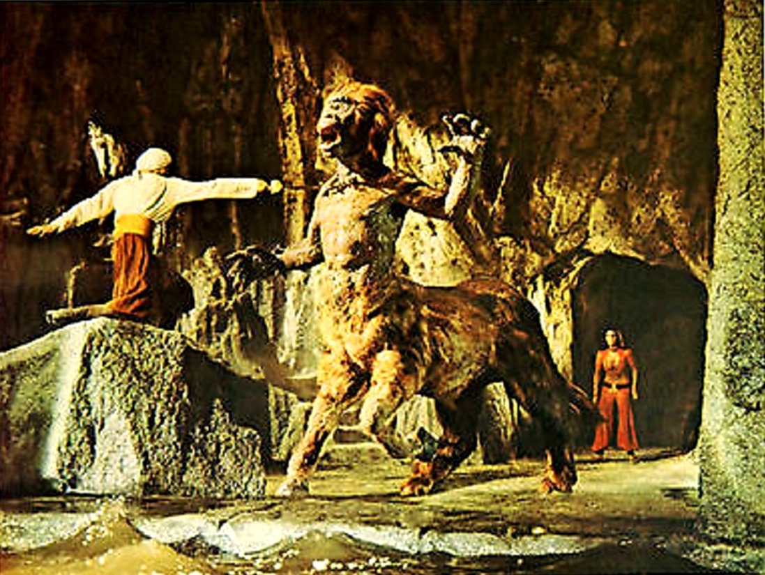 Sinbad (John Philip law) fights the centaur while Margiana (Caroline Munro) stands in the background in The Golden Voyage of Sinbad (1973)