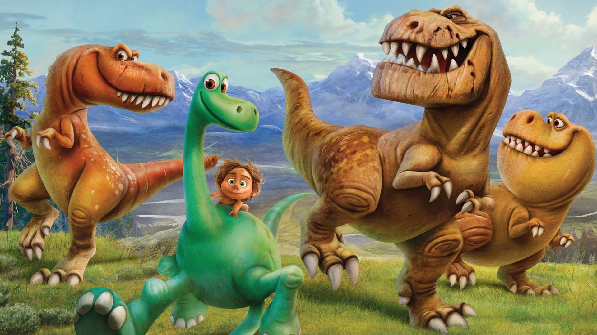 Arlo and Spot encounter a family of tyrannosaurs in The Good Dinosaur (2015)
