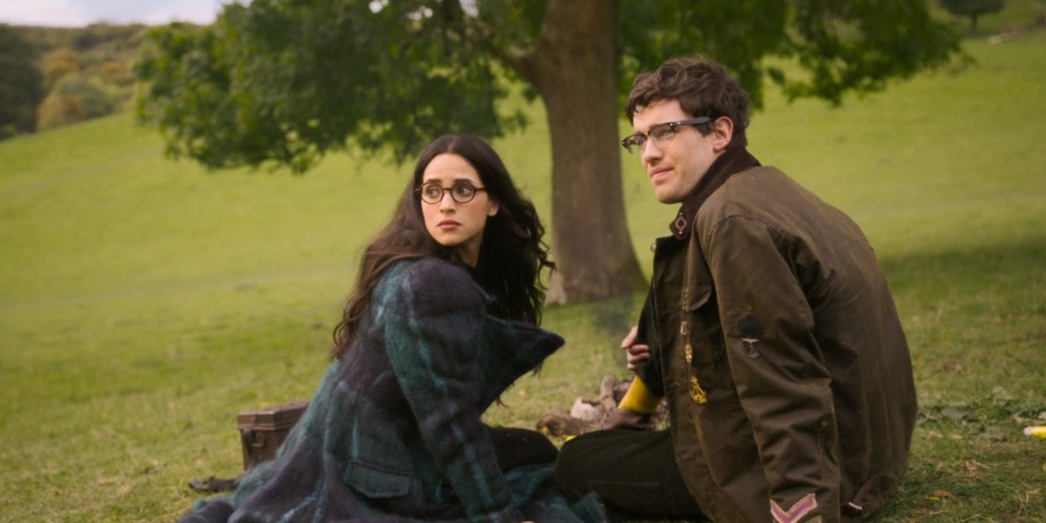 Anathema Device (Adria Arjona), descendant of the witch Agnes Nutter, and Witchfinder Private Newton Pulsifer (Jack Whitehall) in Good Omens (2019)