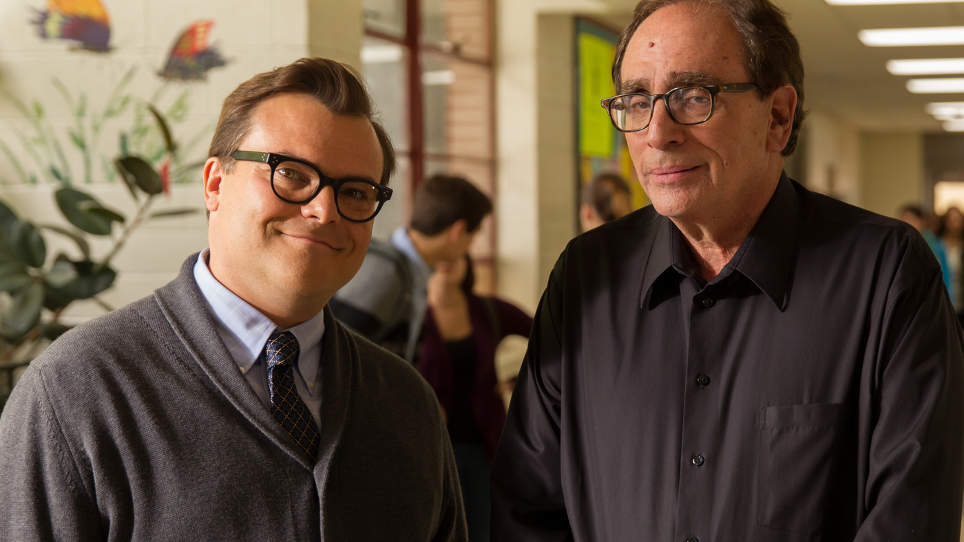 Jack Black cast as horror author R.L. Stone alongside the real-life R.L. Stine in Goosebumps (2015)