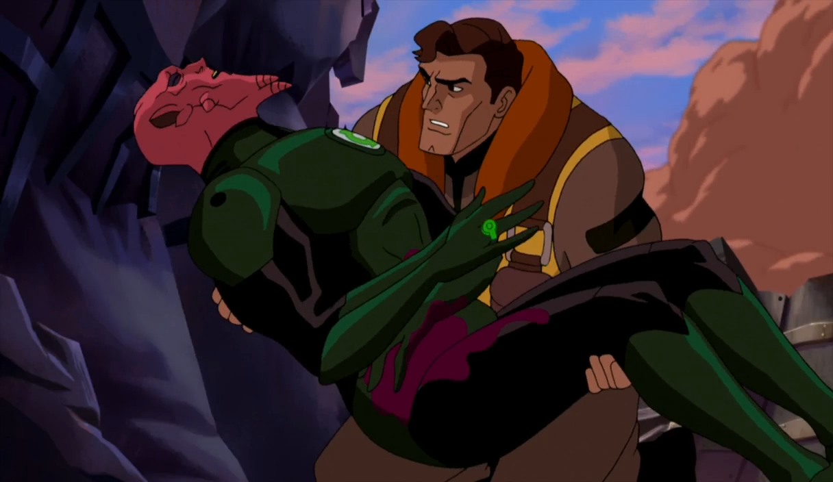 Hal Jordan carries the body of Abin Sur from the wreckage in Green Lantern First Flight (2009)