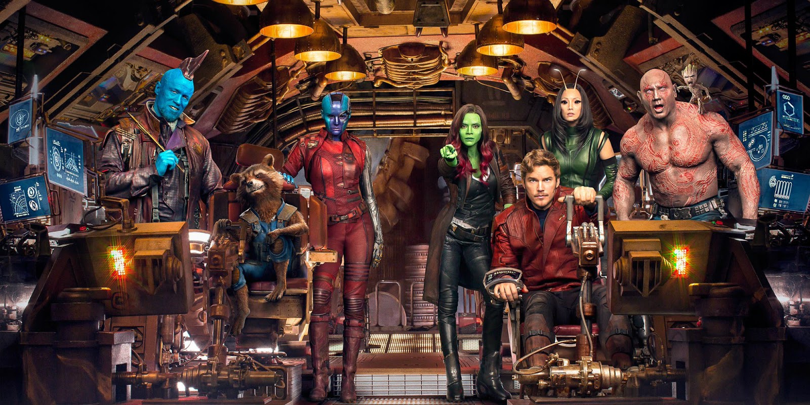 Yondu Udonta (Michael Rooker), Rocket Racoon, Nebula (Karen Gillan), Gamora (Zoe Saldana), Peter Quill (Chris Pratt), Mantis (Pom Klementieff), Drax (Dave Bautista) and Baby Groot in Guardians of the Galaxy Vol 2 (2017)