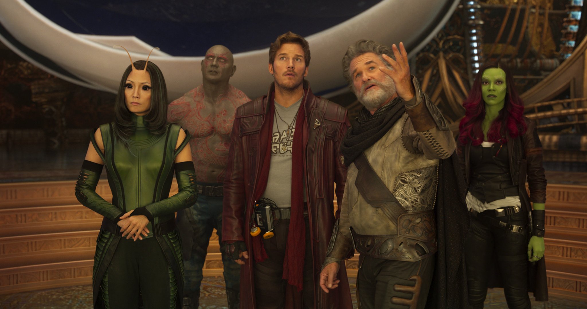 Mantis (Pom Klementieff), Drax (Dave Bautista), Ego (Kurt Russell), Peter Quill (Chris Pratt) and Gamora (Zoe Saldana) in Guardians of the Galaxy Vol 2 (2017)