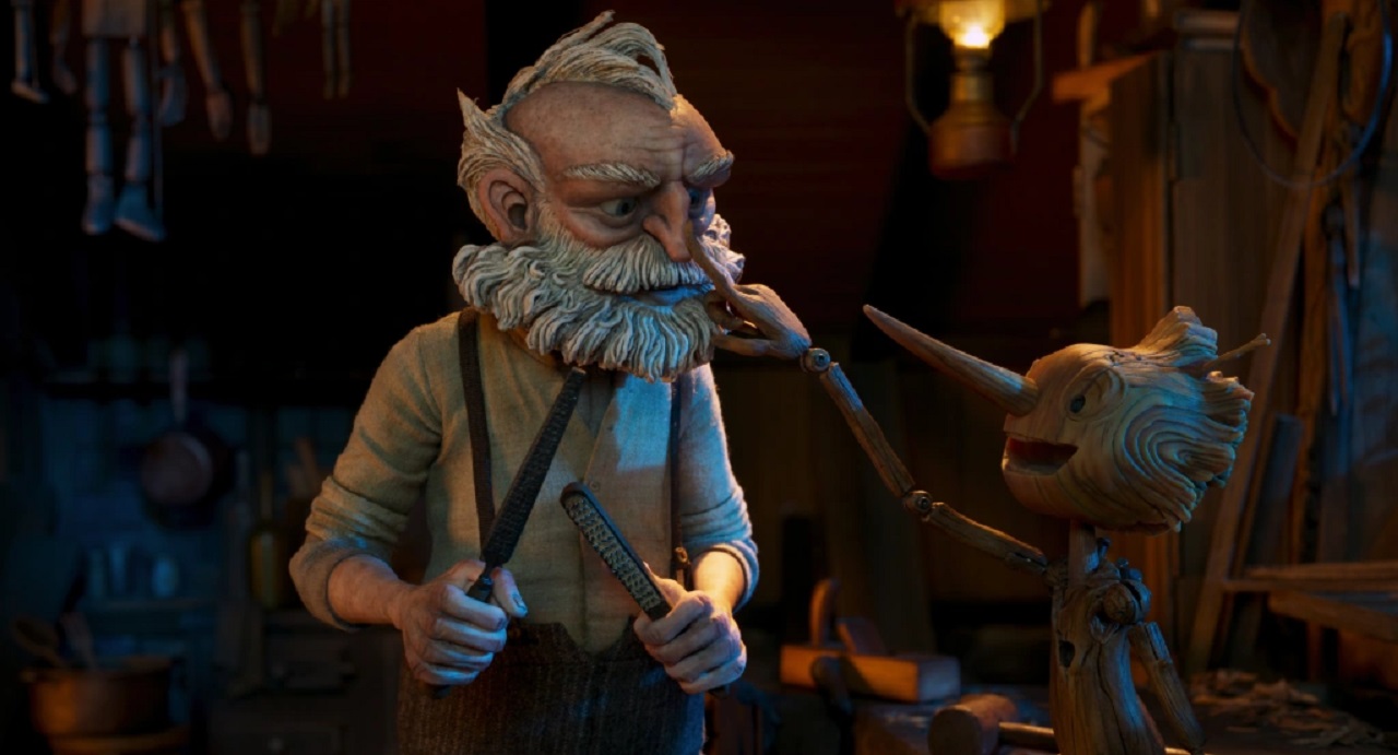 Gepetto (David Bradley) and Pinocchio (Gabriel Mann) in Guillermo Del Toro's Pinocchio (2022)
