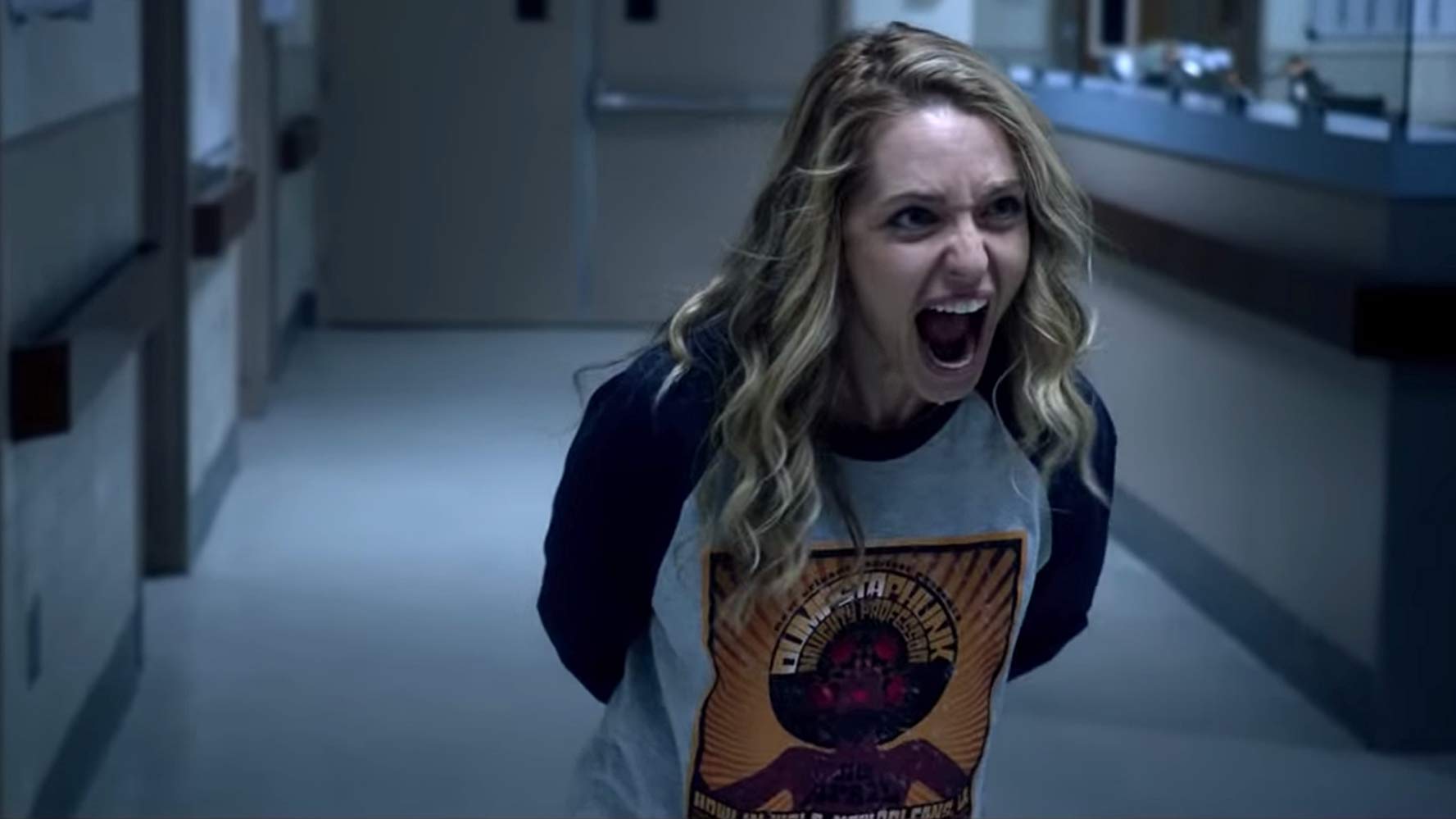 Jessica Rothe not exactly happy to find herself repeating the same day again in Happy Death Day 2U (2019)