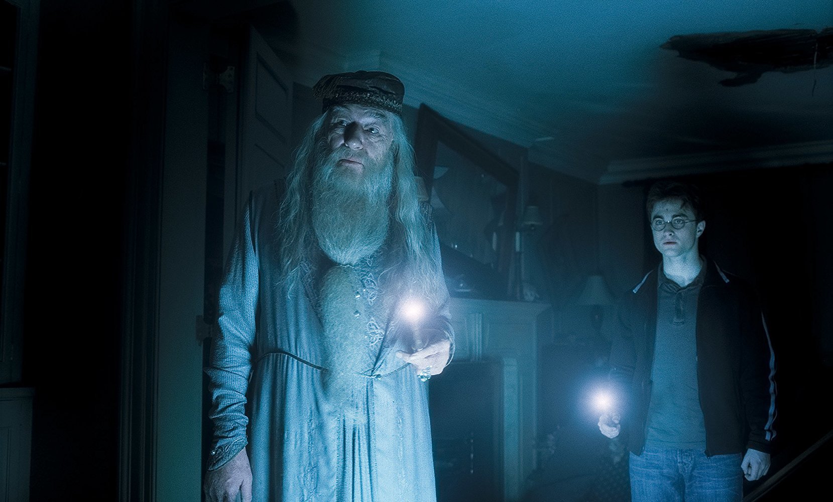 Professor Dumbledore (Michael Gambon) and Harry Potter (Daniel Radcliffe) head in search of Voldemort's Horcrux in Harry Potter and the Half-Blood Prince (2009)