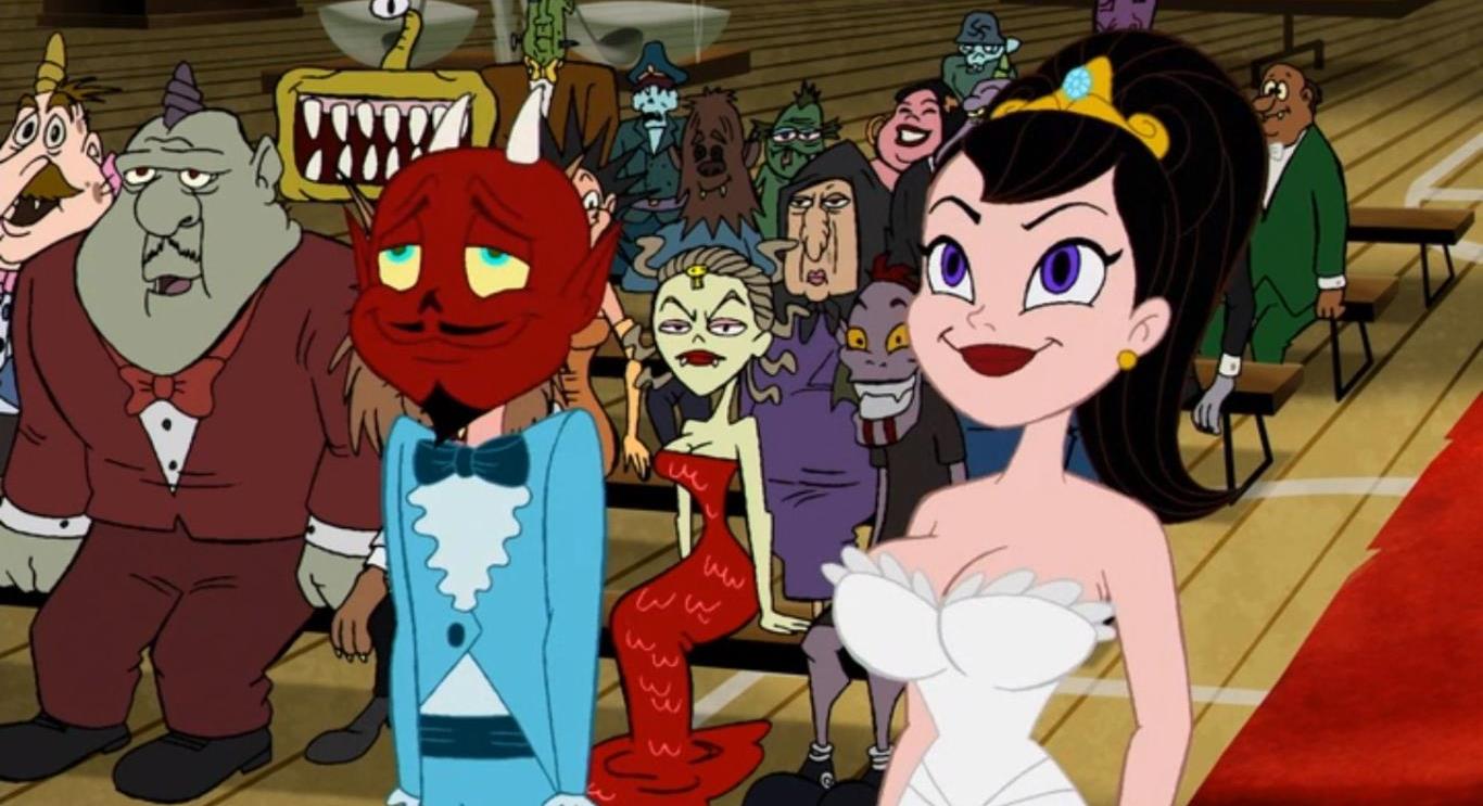 Dr Satan (voiced by Paul Giamatti) plans to marry Velvet Von Black (voiced by Rosario Dawson) in The Haunted World of El Superbeasto (2009)