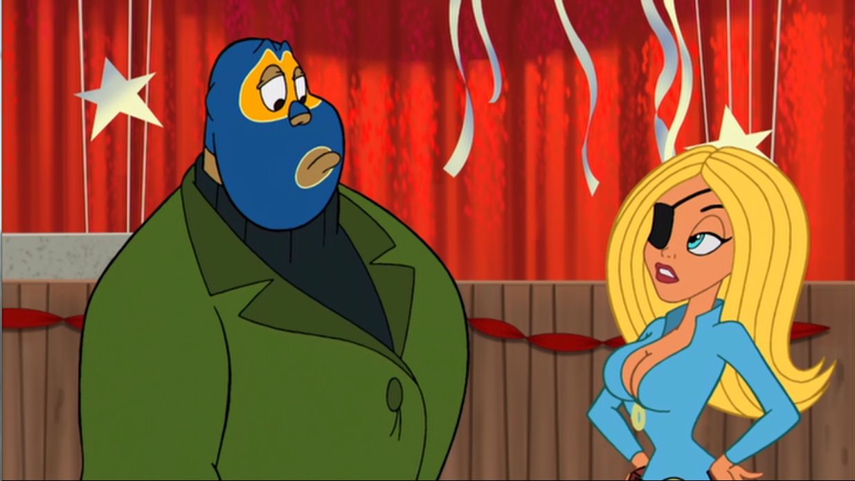 El Superbeasto (voiced by Tom Papa) and Suzi X (voiced by Sheri Moon Zombie) in The Haunted World of El Superbeasto (2009)