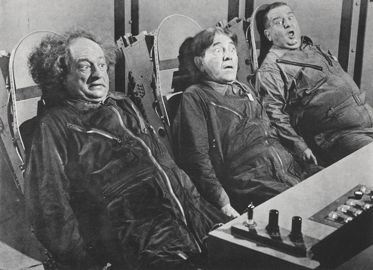 The Three Stooges (Larry Fine, Moe Howard and Joe DeRita) in Have Rocket -- Will Travel (1959)