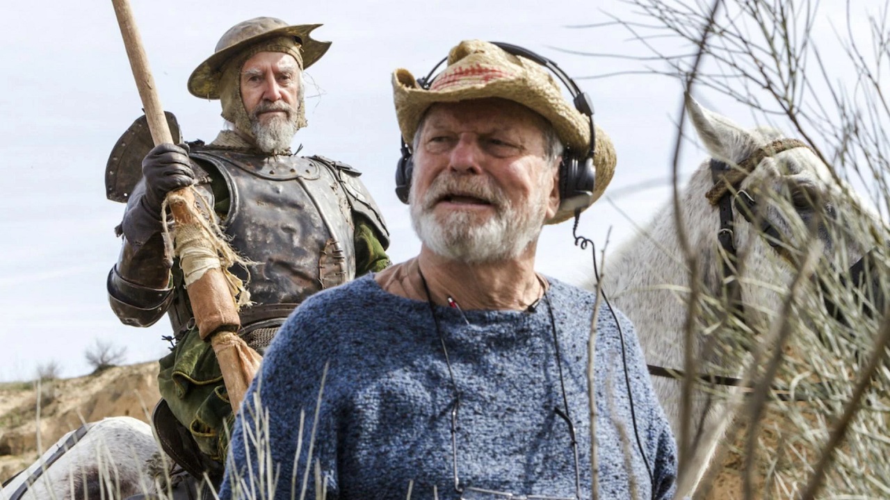 Terry Gilliam and Jonathan Pryce during the shooting on The Man Who Killed Don Quixote in He Dreams of Giants (2019)