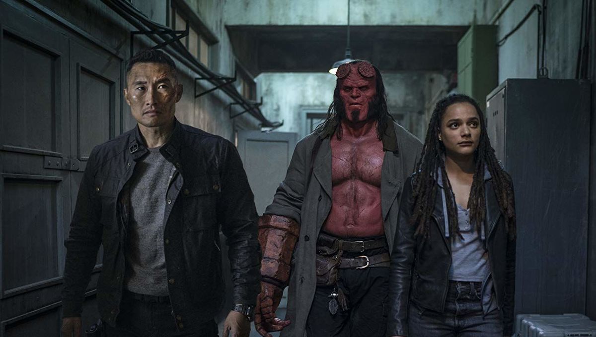 Bureau of Paranormal Research line-up - (l to r) Major Ben Daimio (Daniel Dae Kim), Hellboy (David Harbour) and Alice Monaghan (Sasha Lane) in Hellboy (2019)