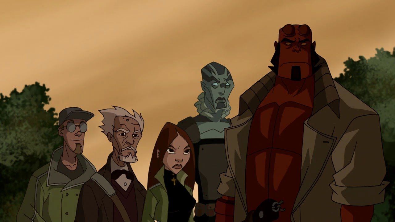 Sydney Leach, Professor Bruttenholm, Liz Sherman, Abe Sapien and Hellboy in Hellboy Animated: Blood and Iron (2007)
