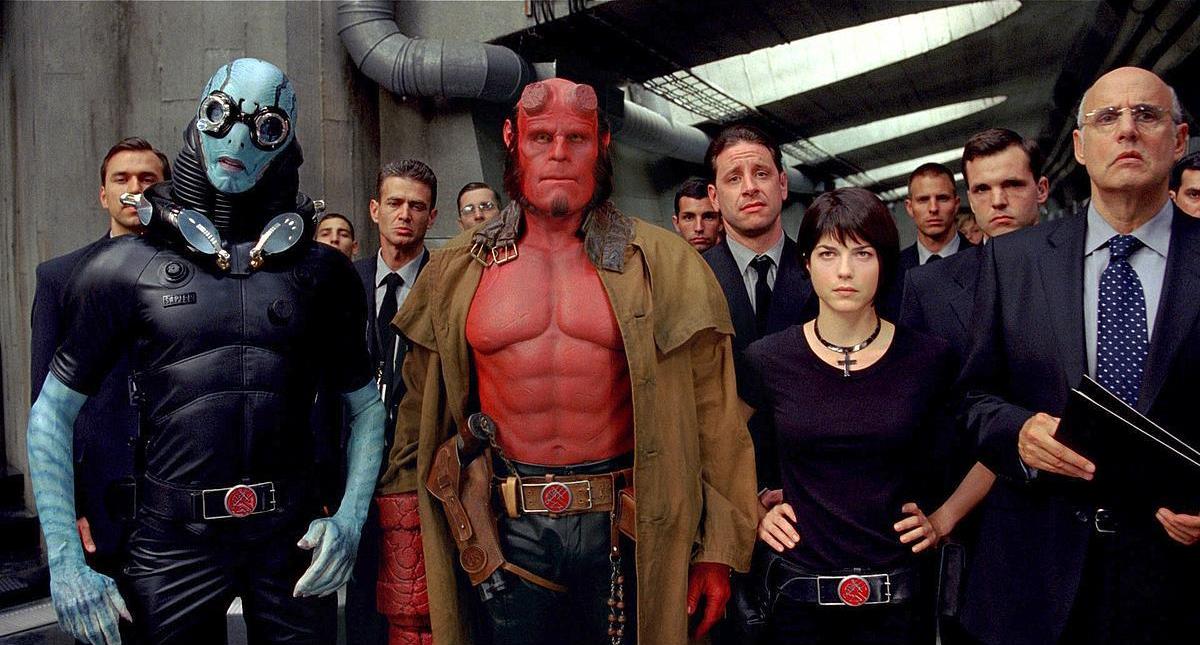 Bureau of Paranormal Research character line-up - (l to r front) Abe Sapien (Doug Jones), Hellboy (Ron Perlman), Liz Sherman (Selma Blair) and Dr Tom Manning (Jeffrey Tambor) in Hellboy II: The Golden Army (2008)