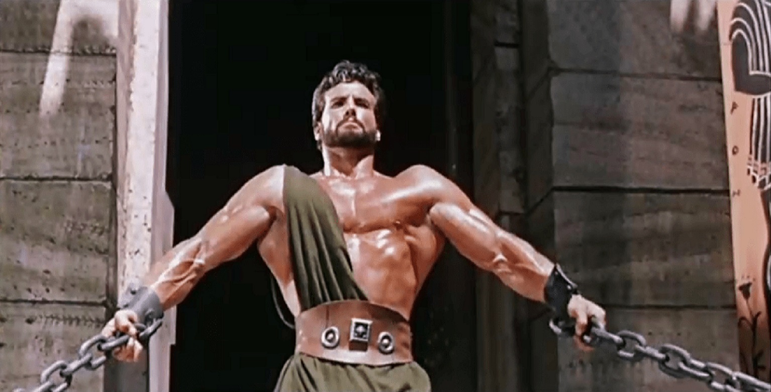 Hercules (Steve Reeves) tears down the temple in Hercules (1958)