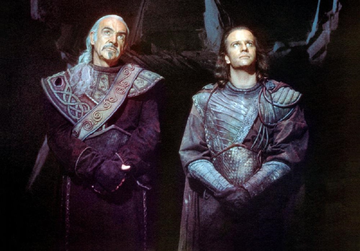 Juan Ramirez (Sean Connery) and Conner McLeod (Christopher Lambert) - now aliens about to be exiled from the planet Zeist in Highlander II: The Quickening (1991)