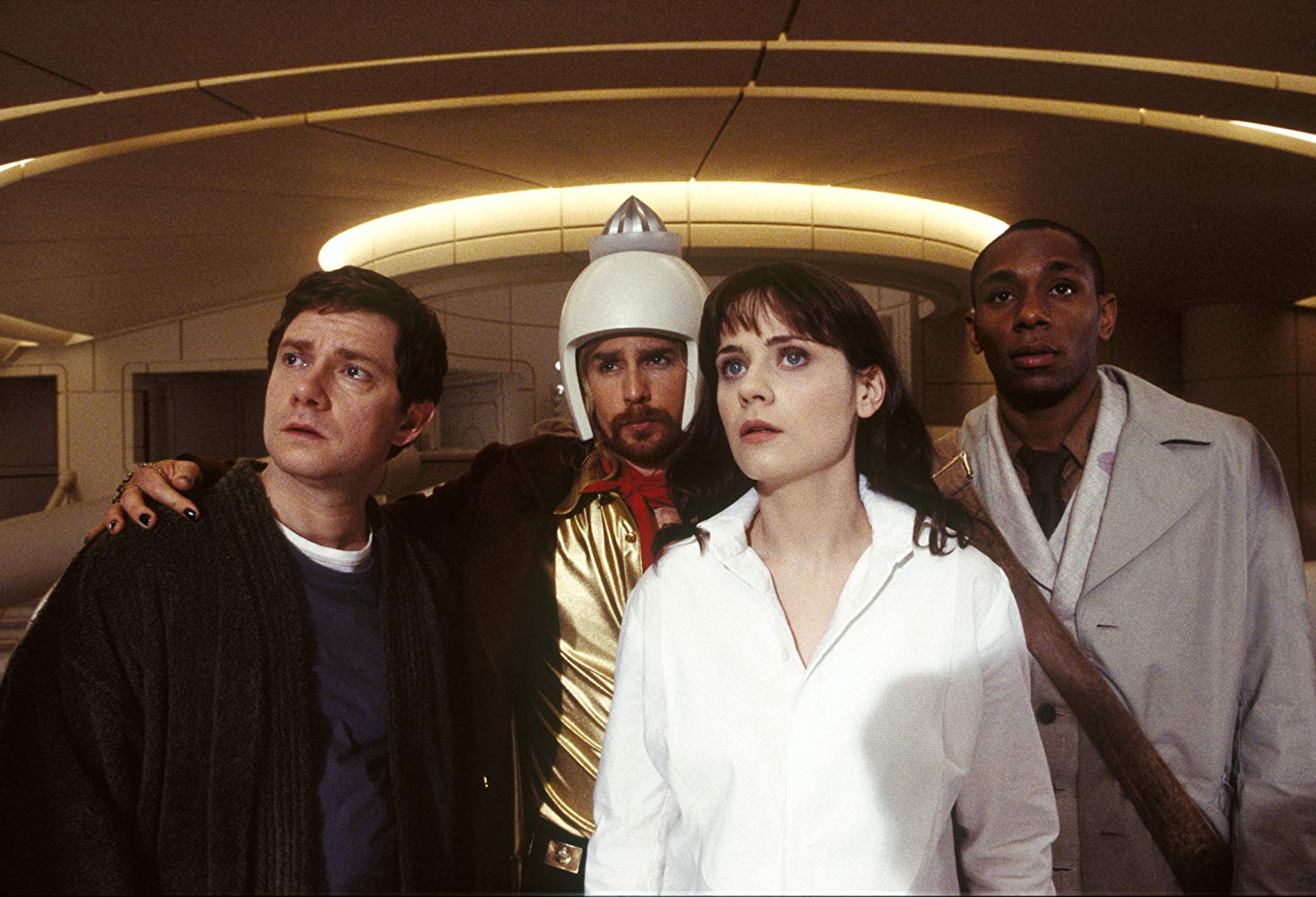 Arthur Dent (Martin Freeman), Zaphod Beeblebrox (Sam Rockwell), Trillian (Zooey Deschanel) and Ford Prefect (Mos Def) in The Hitch Hiker's Guide to the Galaxy (2005)