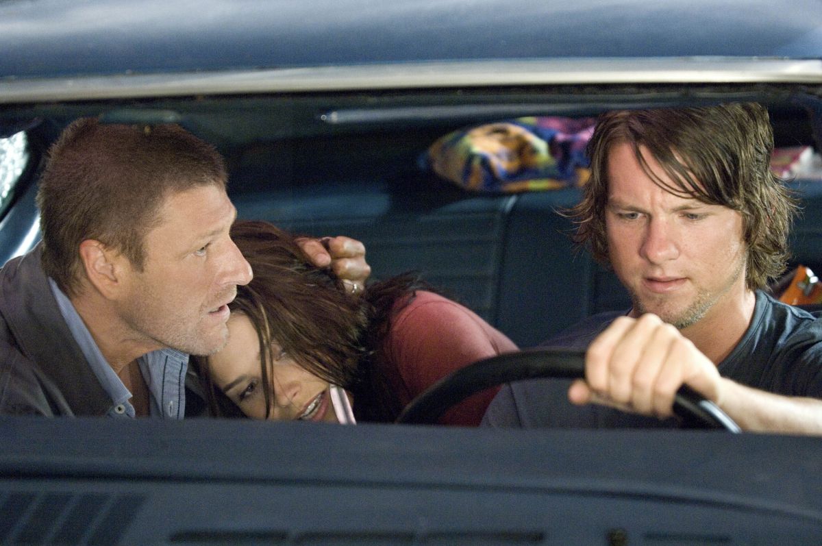 Zachary Knighton, Sophia Bush with Sean bean as The Hitcher