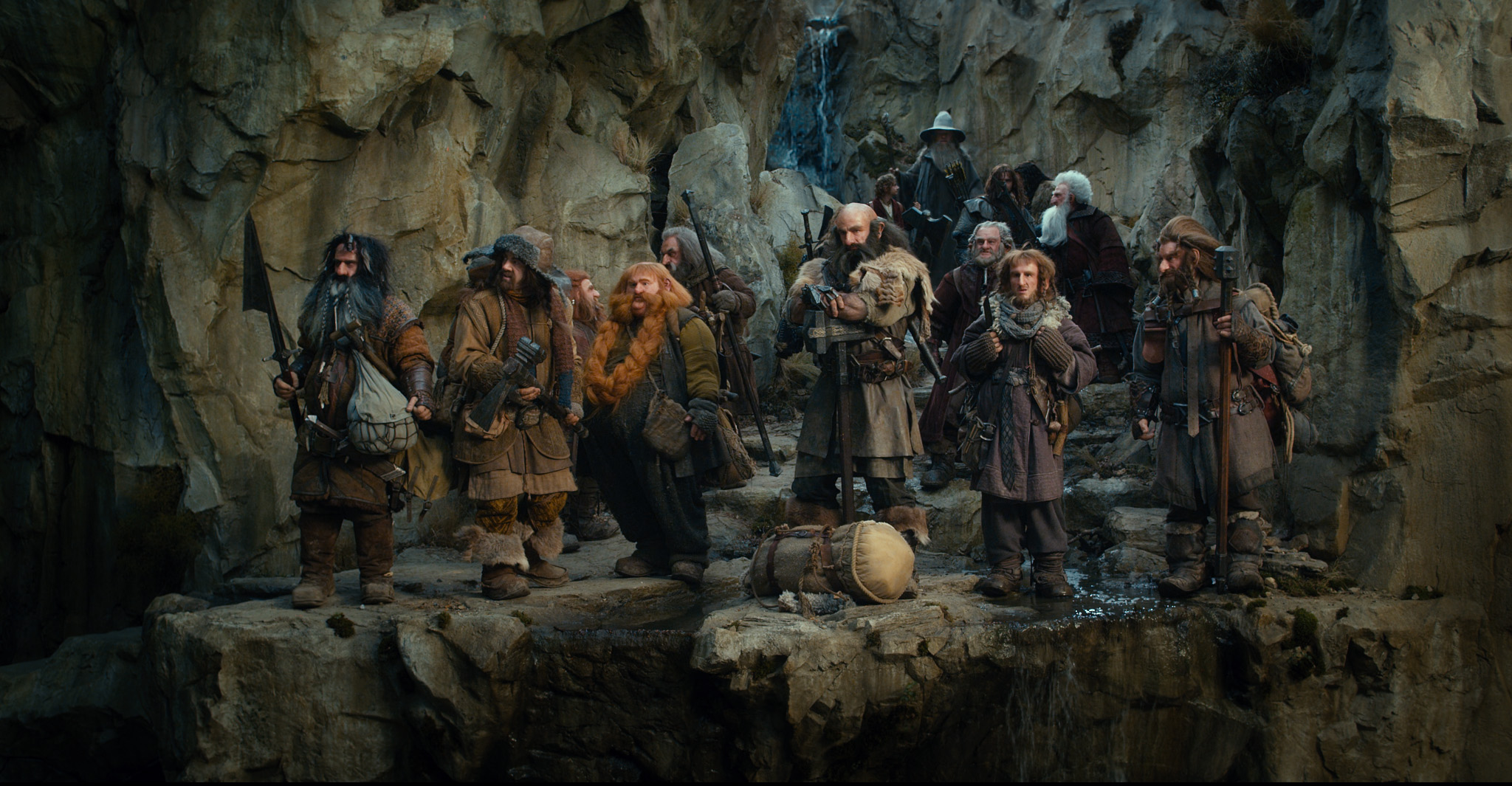 (l to r) Bifur (William Kircher), Bofur (James Nesbitt), Nori (Jed Brophy), Bombur (Stephen Hunter), Oin (John Callan), Dwalin (Graham McTavish), Dori (Mark Hadlow), Ori (Adam Brown), Balin (Ken Stott), and Gloin (Peter Hamilton) with Bilbo Baggins (Martin Freeman) and Gandalf (Ian McKellen) in The Hobbit: An Unexpected Journey (2012)