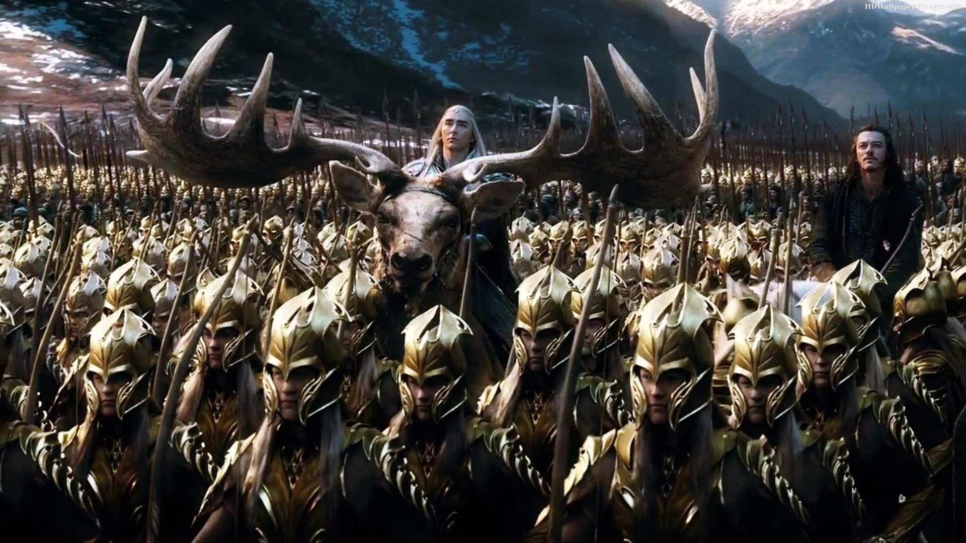 Thranduil (Lee Pace) and Bard (Luke Evans) ride in to battle at the head of an elven army in The Hobbit: The Battle of the Five Armies (2014)