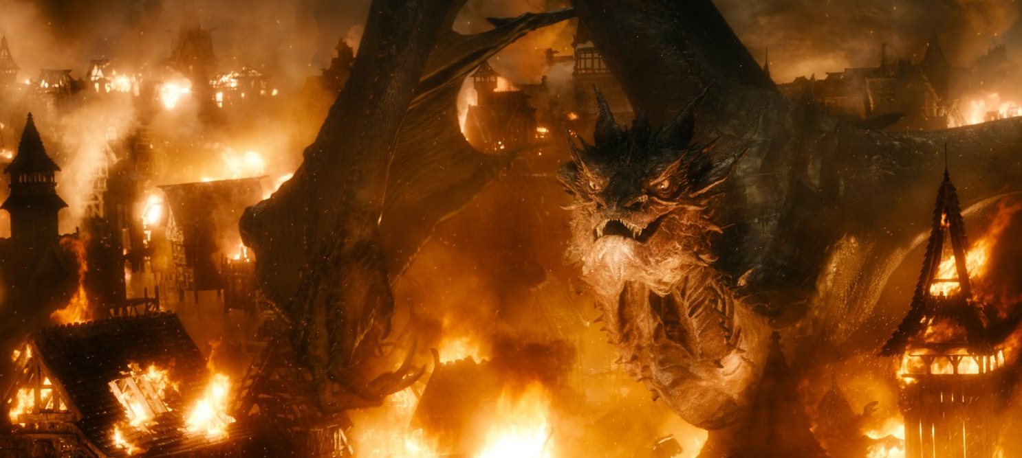 Smaug lays waste to Lake Town in The Hobbit: The Battle of the Five Armies (2014)