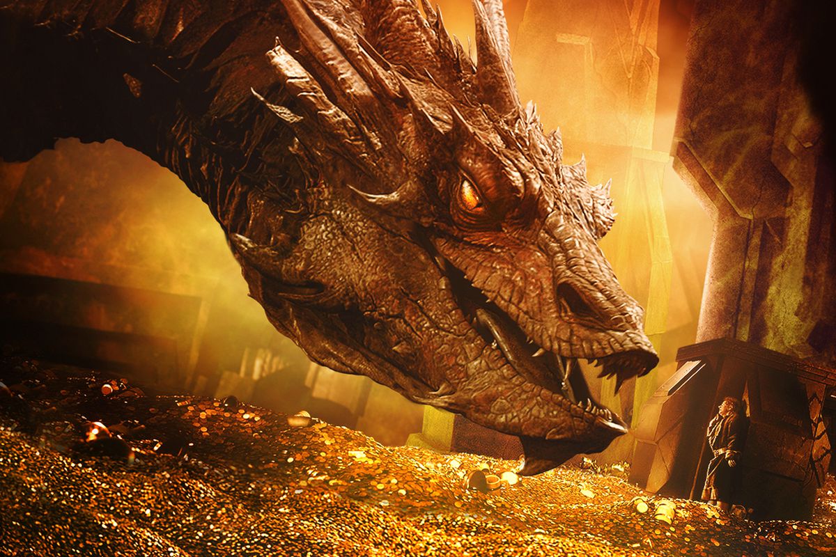 Bilbo Baggins (Martin Freeman) meets the dragon Smaug in The Hobbit: The Desolation of Smaug (2013)