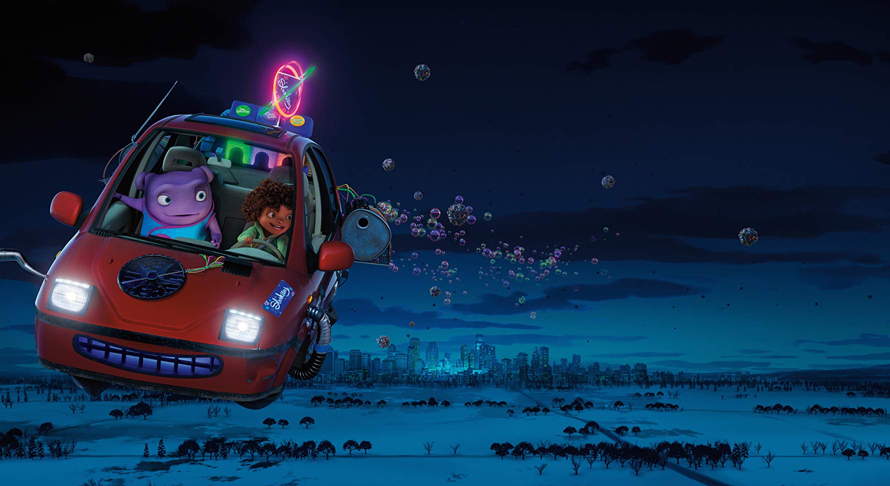 Oh and Tip set out in her flying car in Home (2015)