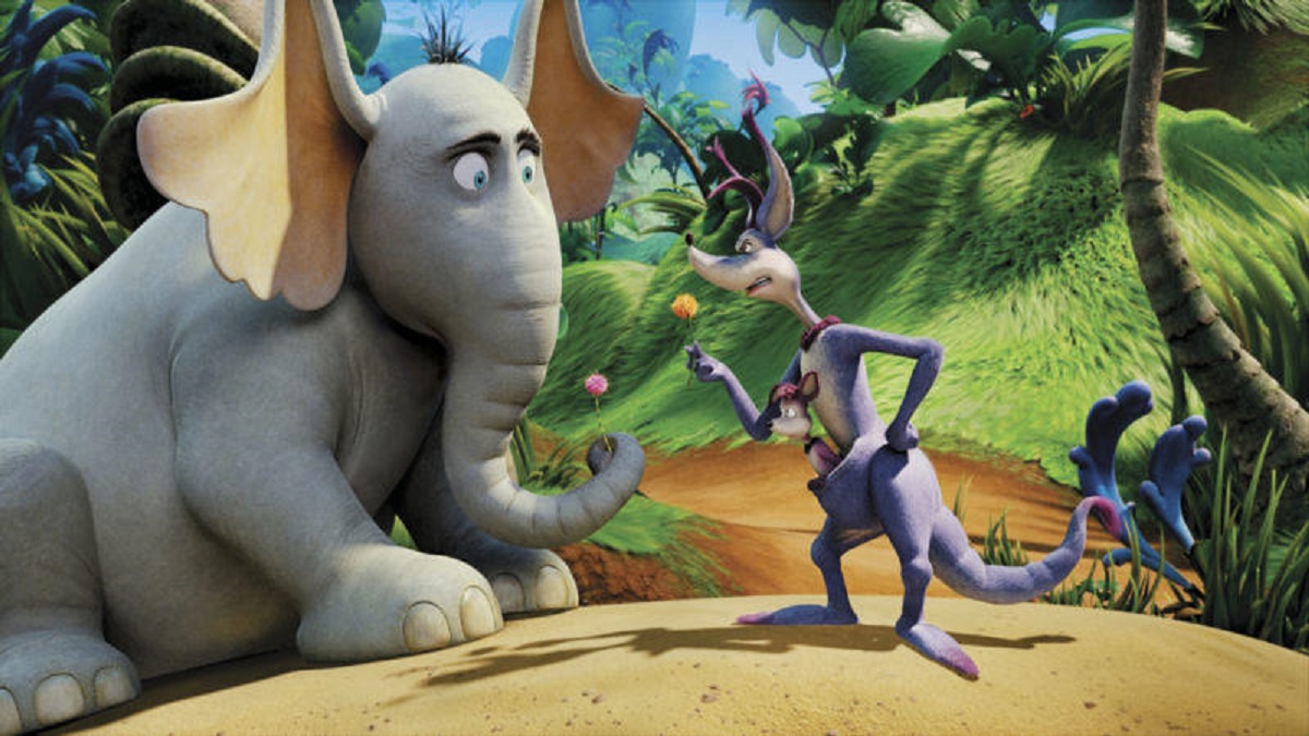 Horton (voiced by Jim Carrey) faces the sour kangaroo (voiced by Carol Burnett) in Horton Hears a Who! (2008)