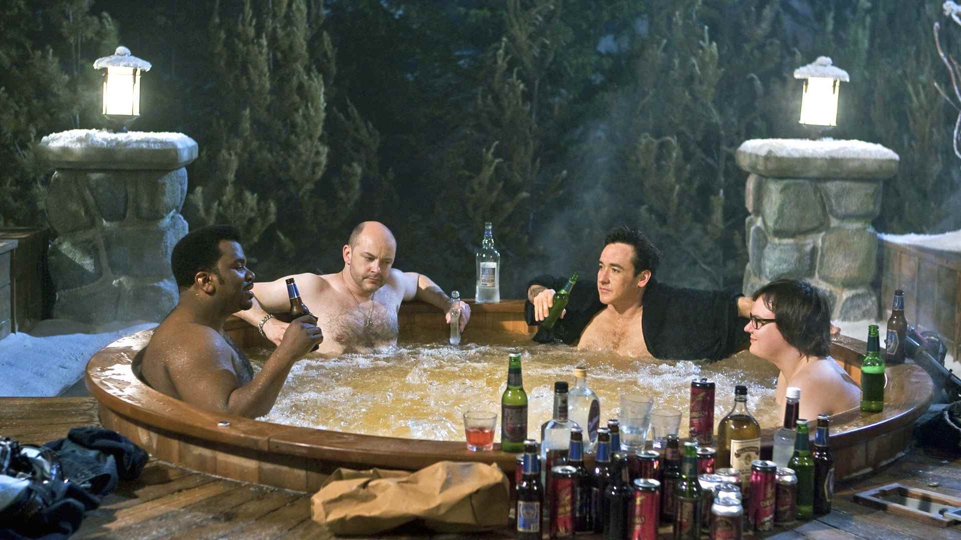 Craig Robinson, Rob Corddry, John Cusack and Clark Duke relax in the hot tub in Hot Tub Time Machine (2010)