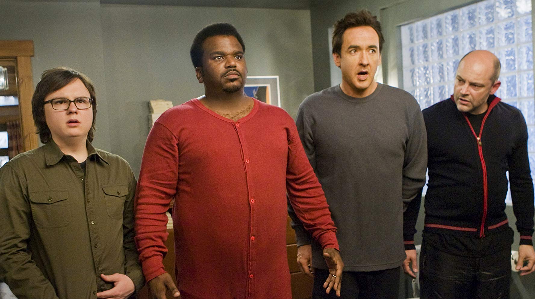 Time travelers Clark Duke, Craig Robinson, John Cusack and Rob Corddry in Hot Tub Time Machine (2010)